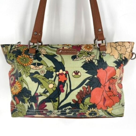 SAKROOTS Floral Flower Power Peace Small Satchel Tote Coated Canvas Bag green - Picture 1 of 12